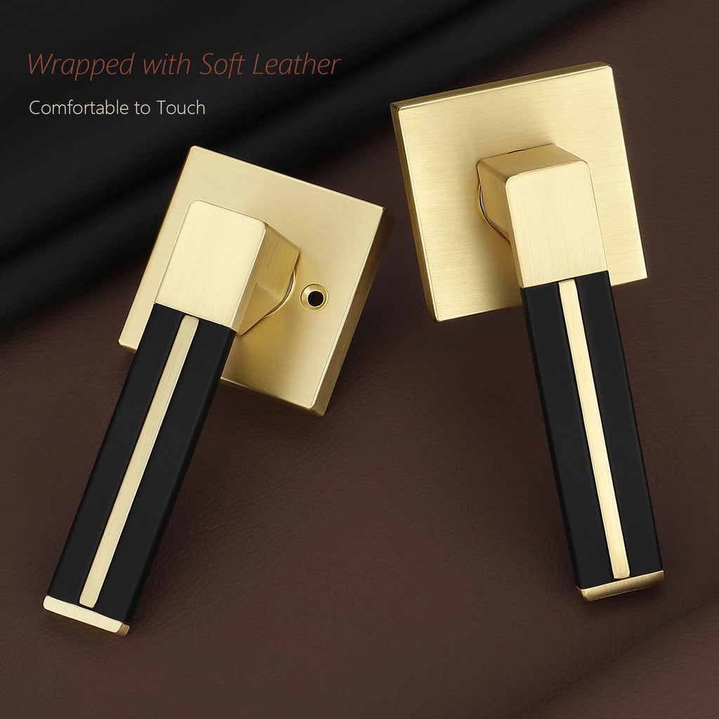 4 Pack Gold Door Handle with Black Leather, Passage Door Lever