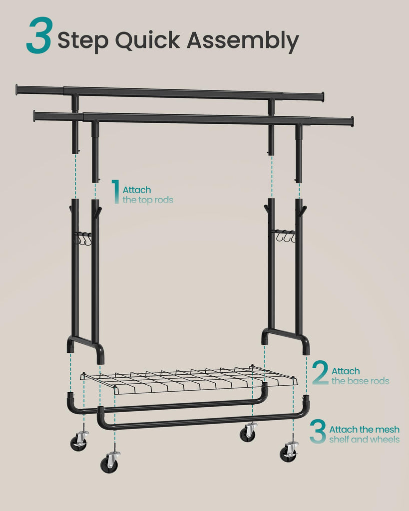 Clothes Rack, Heavy-Duty Rolling Garment Rack with Shelf