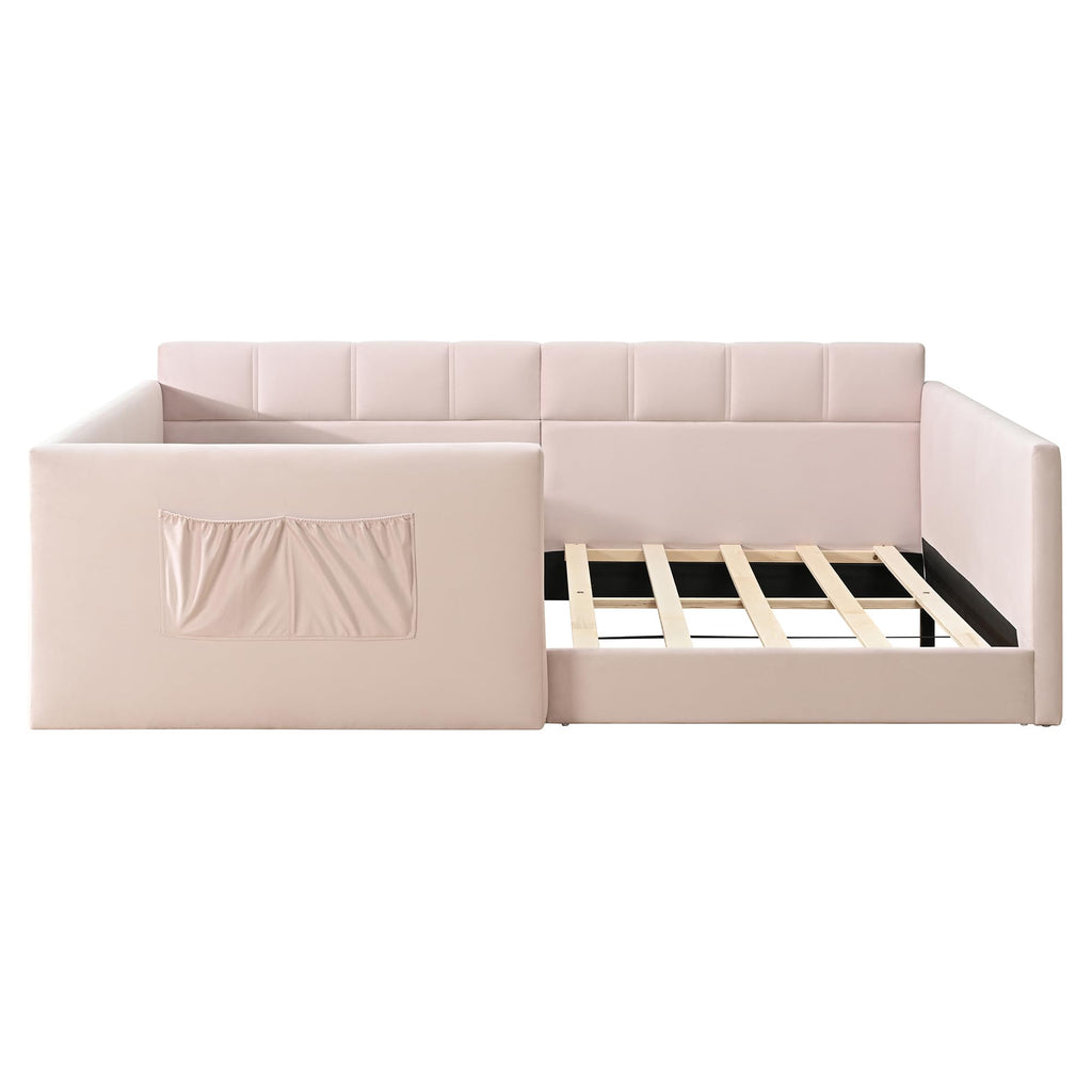 Twin Daybed Velvet Upholstered Sofa Bed with High Guardrail and Side Entrance, Space-Saving Twin Floor Day Bed with