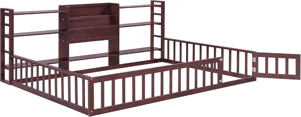 Montessori Floor Bed with Bookcase, Shelves and Fence