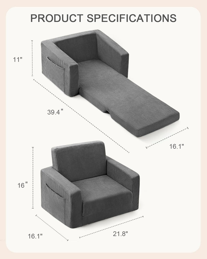 In-1 Kids Chair and Couch, Cozy Corduroy Kids Sofa, Grey