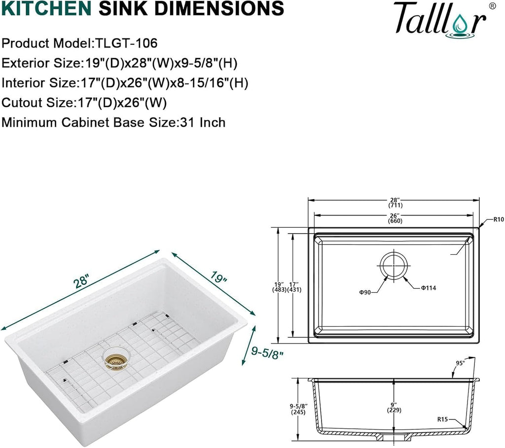 28 Inch Granite Composite Kitchen Sink - White Undermount Workstation All-In One Quartz Classic Single Bowl Sink