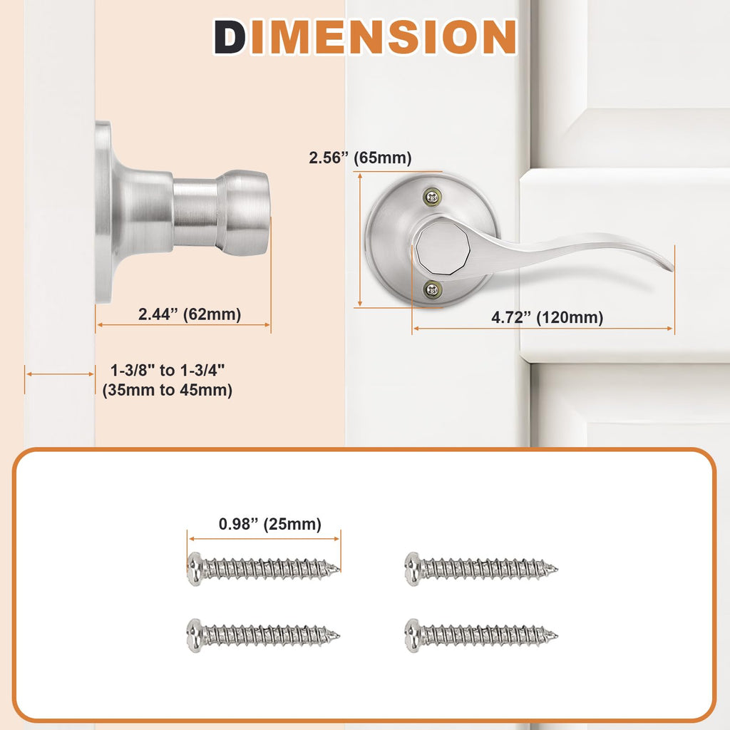 Dummy Door Handles Four Pairs, Brushed Nickel Interior Dummy Door Lever Closet, No-Turning Reversible Door Lever Wave