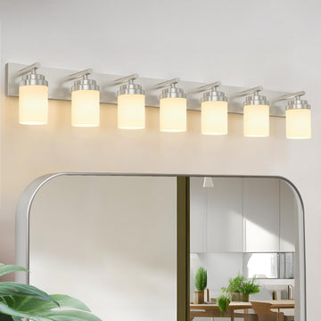 Bathroom Vanity Light Fixture, 7-Light 52 inch Brushed Nickel Bathroom Light Fixtures Over Mirror, with White Glass