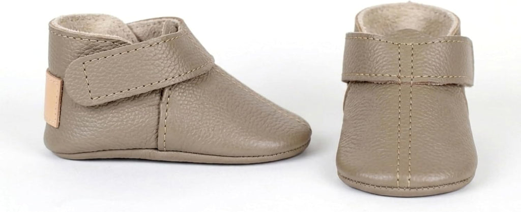 Leather Baby Booties Handmade Moccasins Soft Sole Barefoot First Walking Infant Shoes Newborn Shower Gift Boots Stone