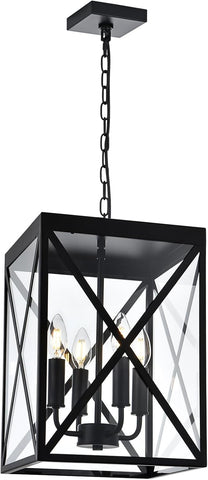 Black Outdoor Pendant Light 4 Lights Outside Pendant Hanging Light Fixture Ceiling Mount with Clear Glass Industrial