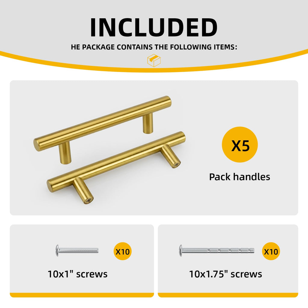 5 Pieces Brass Cabinet Handles Gold Pulls for Cabinet Drawer Kitchen Cupboard Drawer Handles - LS201GD Brushed