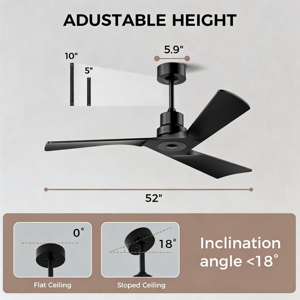 Inspired Adler Style 52" Solid Wood Ceiling Fan Without Light, 3 Sculpted Blades, Quiet DC Motor, 6-Speed Remote - Black