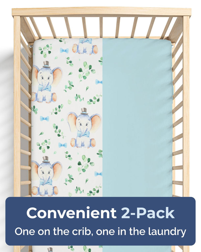 Crib Sheets - Pack of 2 Fitted Sheets for Standard Crib - 52x28in, Elephant