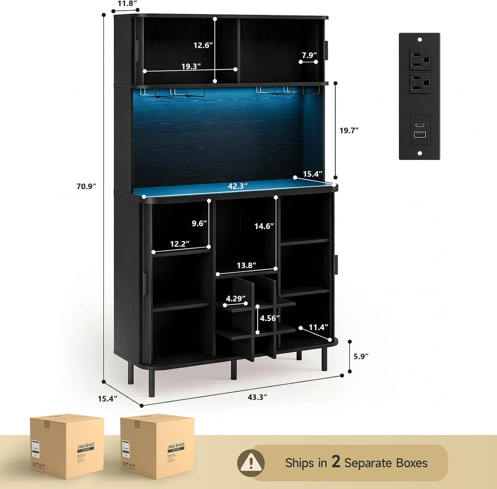 71" Tall Fluted Wine Bar Cabinet with Storage Black | Liquor Cabinet, Coffee Bar Cabinet, Large Home Bar, with LED