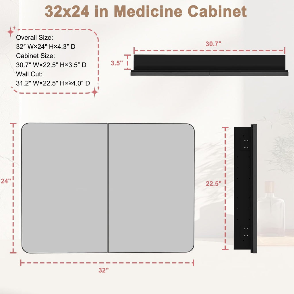 32x24 in Double Door Medicine Cabinet with Mirror, Matte Black | Fully Assembled; Recessed or Surface Wall Mount;