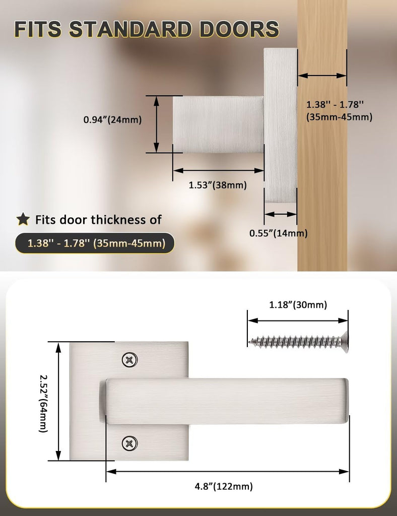 4 Pack Dummy Door Handles Brushed Nickel for Left Hand and Right Hand, Mordern Square Closet Hallway Door Knobs