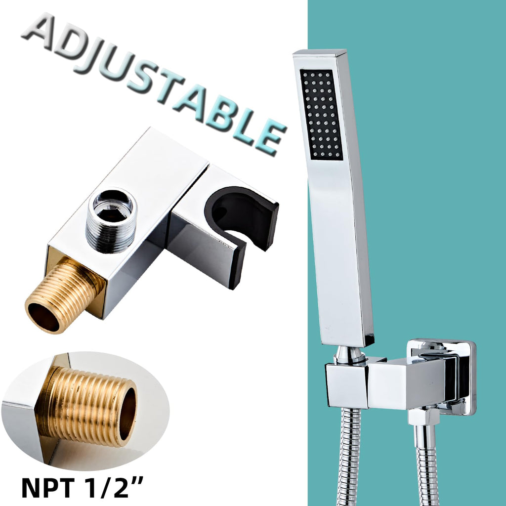 Bathroom Square Chrome Solid Brass Hand Held Shower Head With Wall Connector and Hose System Wall Mount Handheld