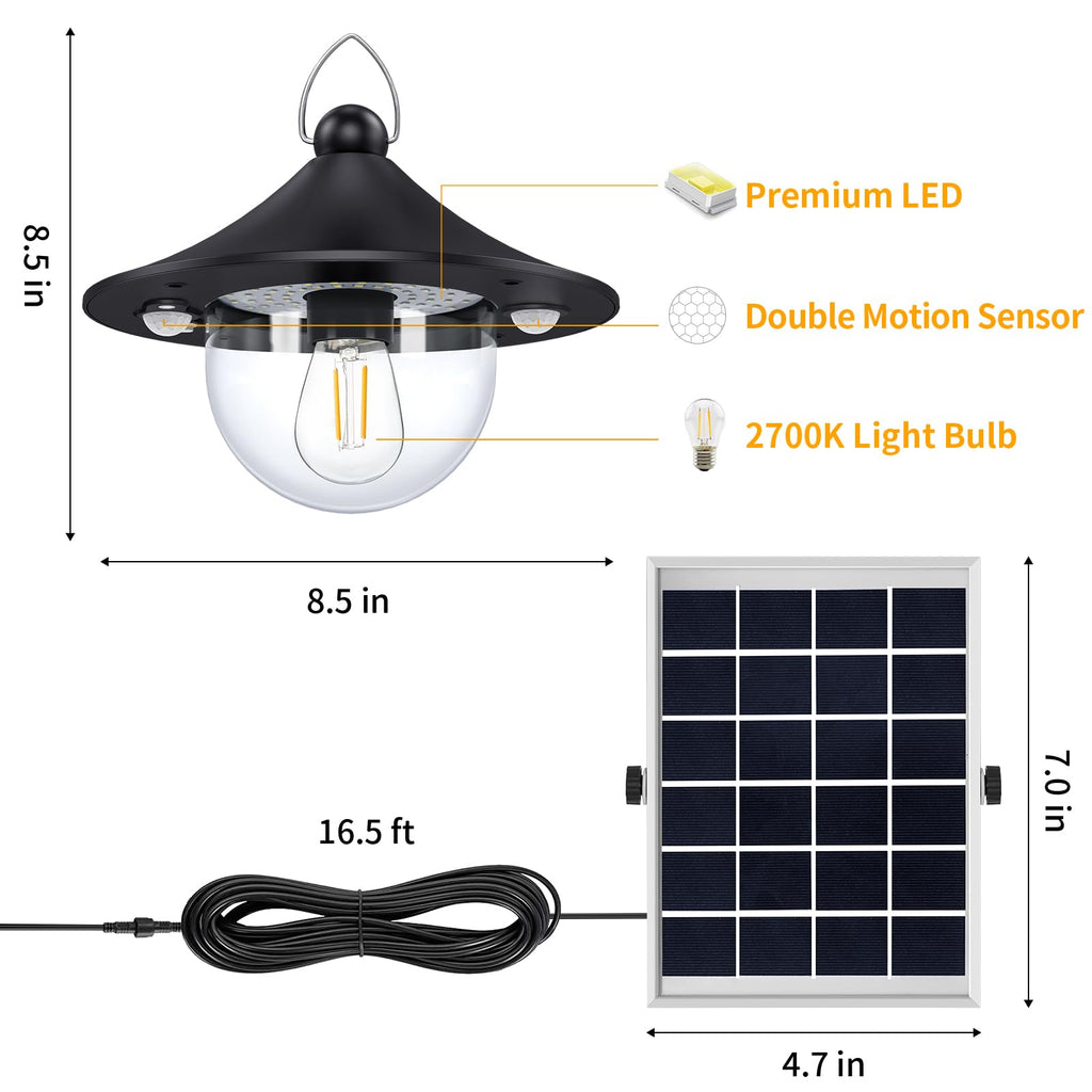 Solar Powered Shed Light Indoor Outdoor Pendant Lights with 2 Motion Sensor