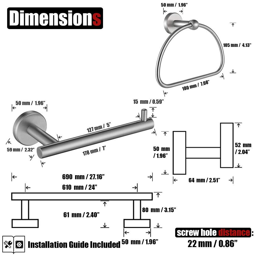 Bathroom Hardware Set Gold, 5-Piece Bath Accessories Set Brushed Gold Wall Mount includes 24 in Towel Bar, 7 in Towel