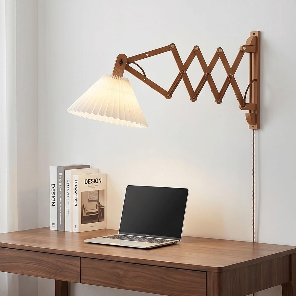 Extendable Wood Wall Sconce with Pleated Shade,Mid-Century Accordion Swing Arm Wall Lamp Reading and Living Room Decor