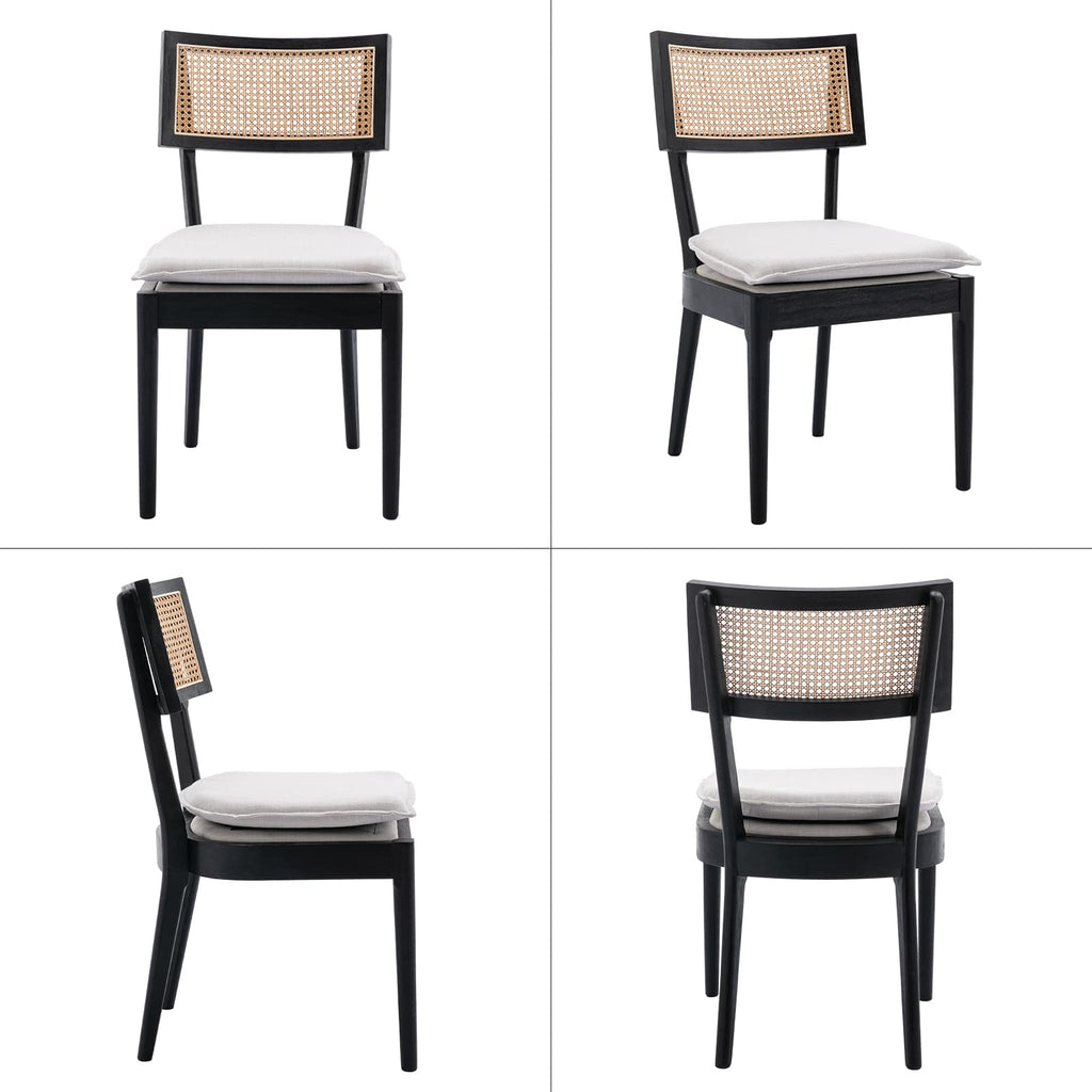 Rattan Dining Chairs Set of 4, Linen Upholstered Kitchen Chairs