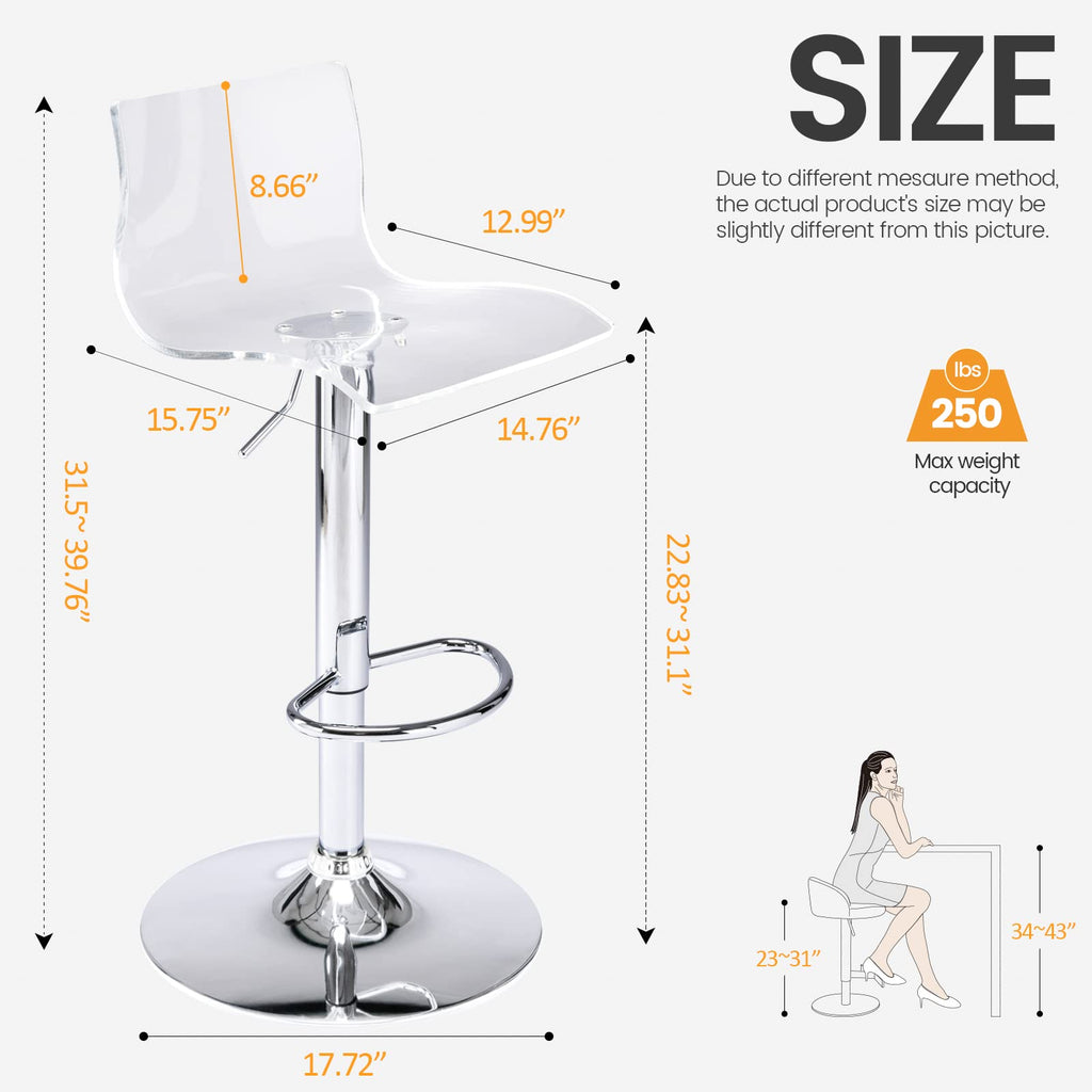 Acrylic Bar Stools with Mid Back Set of 2 Adjustable Swivel Airlift Clear