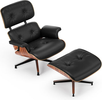 Mid Century Modern Top Grain Leather Chaise Lounge Chair & Ottoman