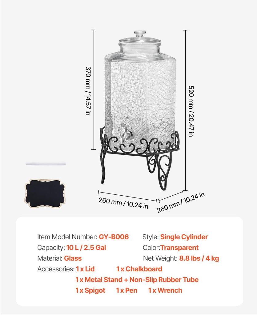 Beverage Dispenser, 2.5 Gallon Drink Dispensers for Parties, Glass Juice Dispenser with Metal Stand, Stainless Steel