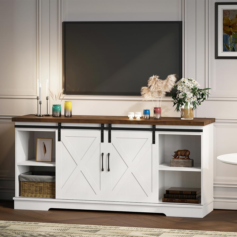 Farmhouse TV Stand, Entertainment Center for 65 Inch TV Media Console Table, White Barn Door TV Stand with Storage