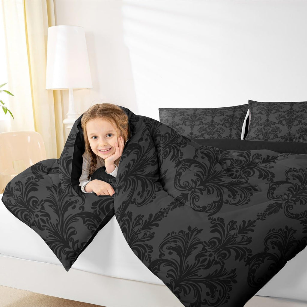 Black Damask Comforter Set, Gothic Vintage Damask Floral Bedding Set 2pcs, Antique Victorian Baroque Down