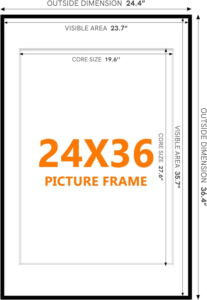 24x36 Poster Frame in Black, Metal Thin Board 24 x 36 Frame with Acrylic Plexiglass for Pictures 20x28 with Mat or