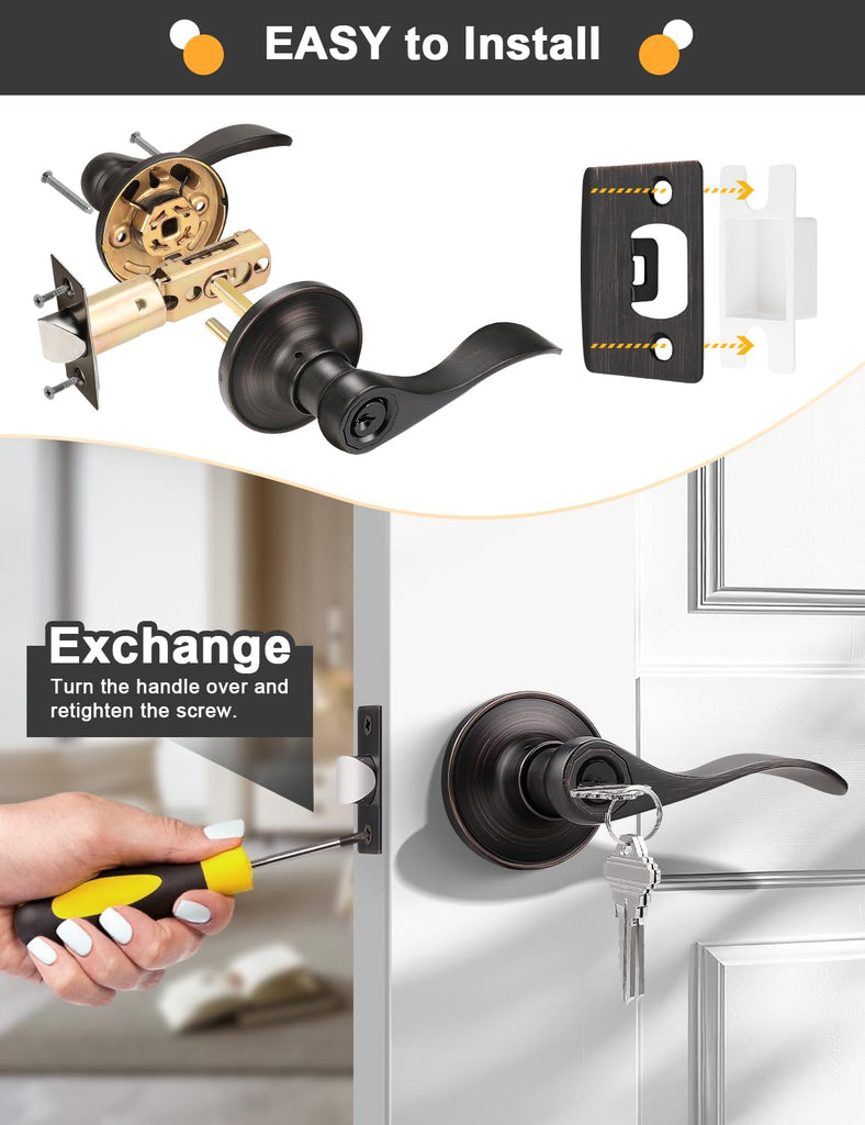 Oil Rubbed Bronze Keyes Entry Door Locks Wave Handle Lever, 1Pack
