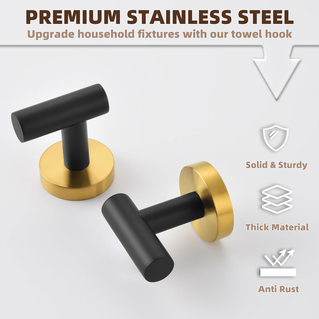 Black Gold Robe Towel Hooks, 2 Pack, Rustproof 304 Stainless Steel