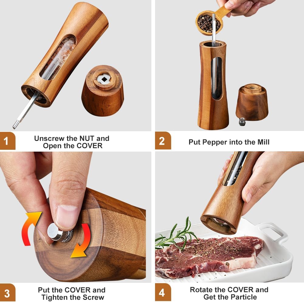 Wooden Salt and Pepper Grinder Set with Tray, 8 Inch Manual Salt & Pepper Shakers with Adjustable Coarseness, Salt - Set of 2
