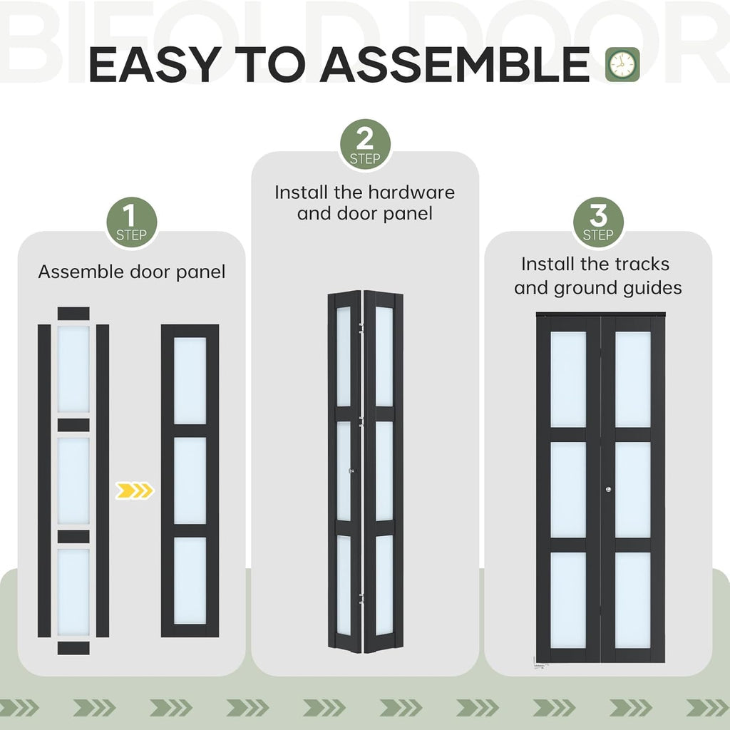 Bifold Closet Doors,Folding Door for 30" x 80" Opening,3-Lite Tempered Frosted Glass,Black Interior 
