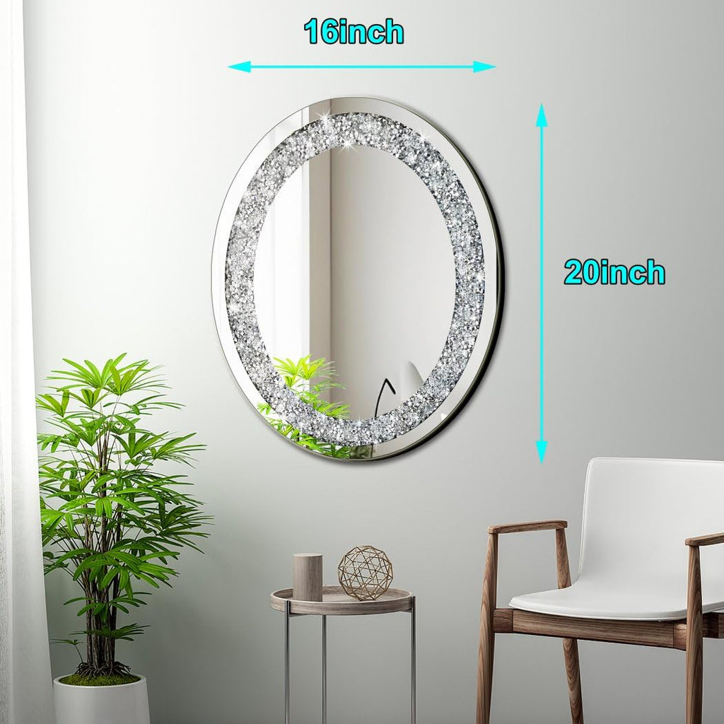 Crystal Crushed Diamond Oval Shaped Glam Bling Silver Mirror for Wall Decoration 16x20x0.9 inch Wall Hang Frameless