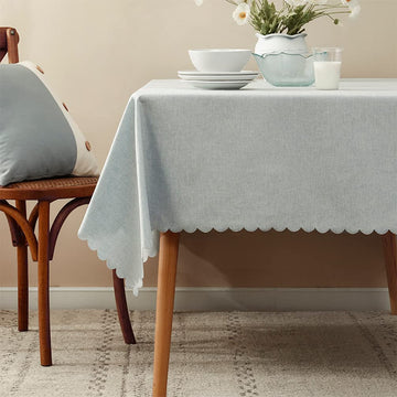 Woven Solid Color Scalloped Tablecloth 56" W x 56" L - Light Blue Wrinkle-Free, Heat-Resistant Washable Table Cover