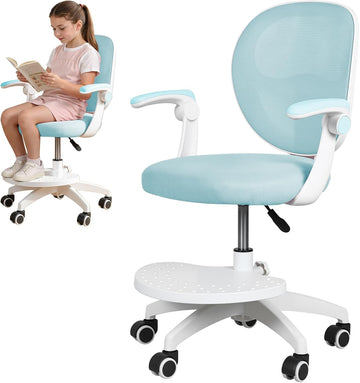 Kids Desk Chair with Adjustable Footrest and Flip Arms for Study