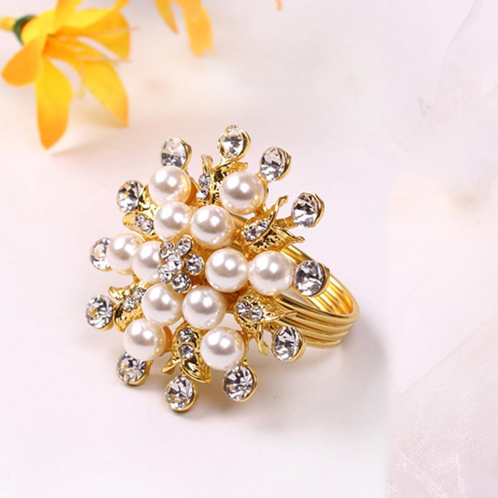 Gold Flower Napkin Rings, Gold Bling Rhinestone Napkin Ring Holder for Weddings, Dinner, Parties, Christmas - Set of 8
