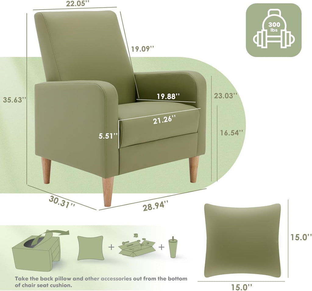 Accent Chairs, Faux Leather Living Room Chairs with Back Pillow & Solid Wood Legs, Mid-Century Modern - Set of 2