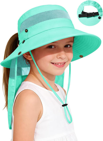 Kids Sun Hat with Ponytail Hole & Detachable Neck Flap UPF50+ Quick Dry Girls Bucket Hat for Outdoor Beach