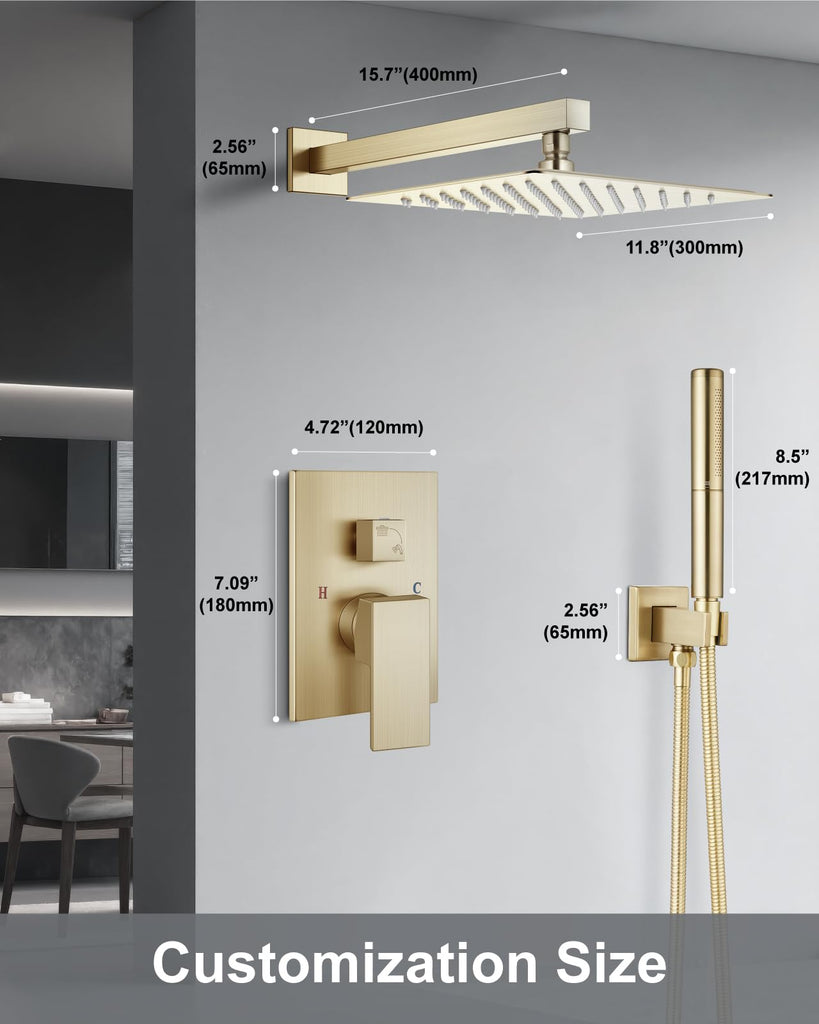 Shower System with Rain Head and Handheld,12-Inch,Brushed Gold
