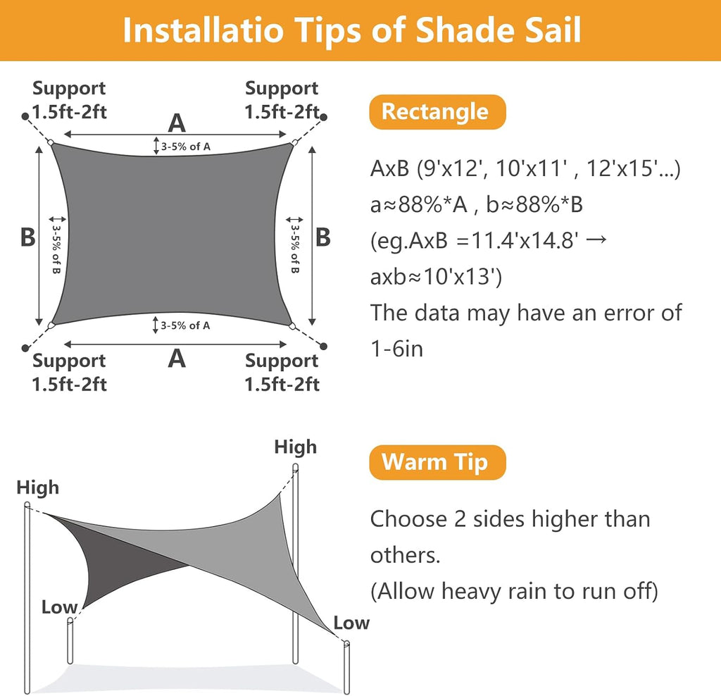 12' x 16' Rectangle Sun Shade Sail, 185 GSM HDPE, Sand | 95% UV block, breathable HDPE fabric, reinforced corners and