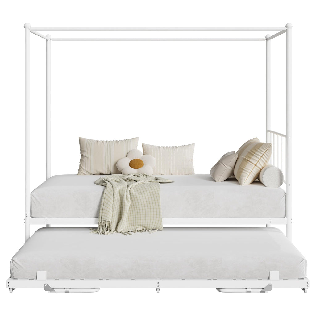 Twin Daybed with Trundle, Canopy Bed with Pop Up Trundle, White