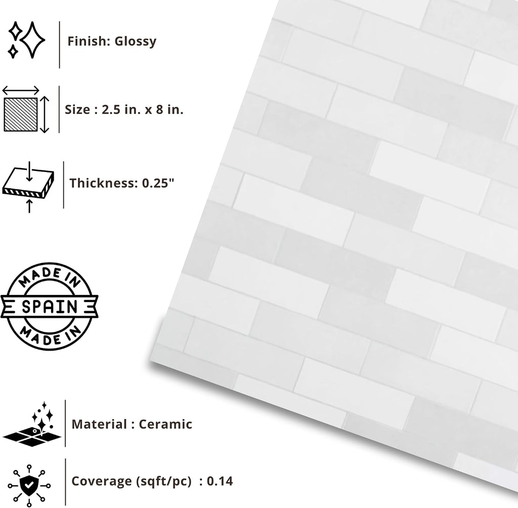 2.5x8 White Glossy Handmade Look Ceramic Wall Tile - Spanish Zellige Style Subway Tile Backsplash, Bathroom, and