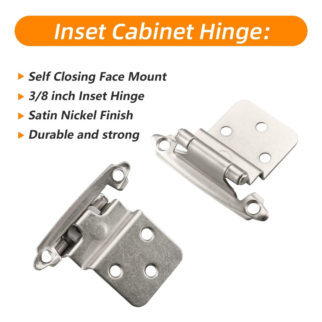 50 Packs (25 Pairs) 3/8" Inset Satin Nickel Cabinet Hinges, Self Closing Cabinet Door Hinges with Door Bumper