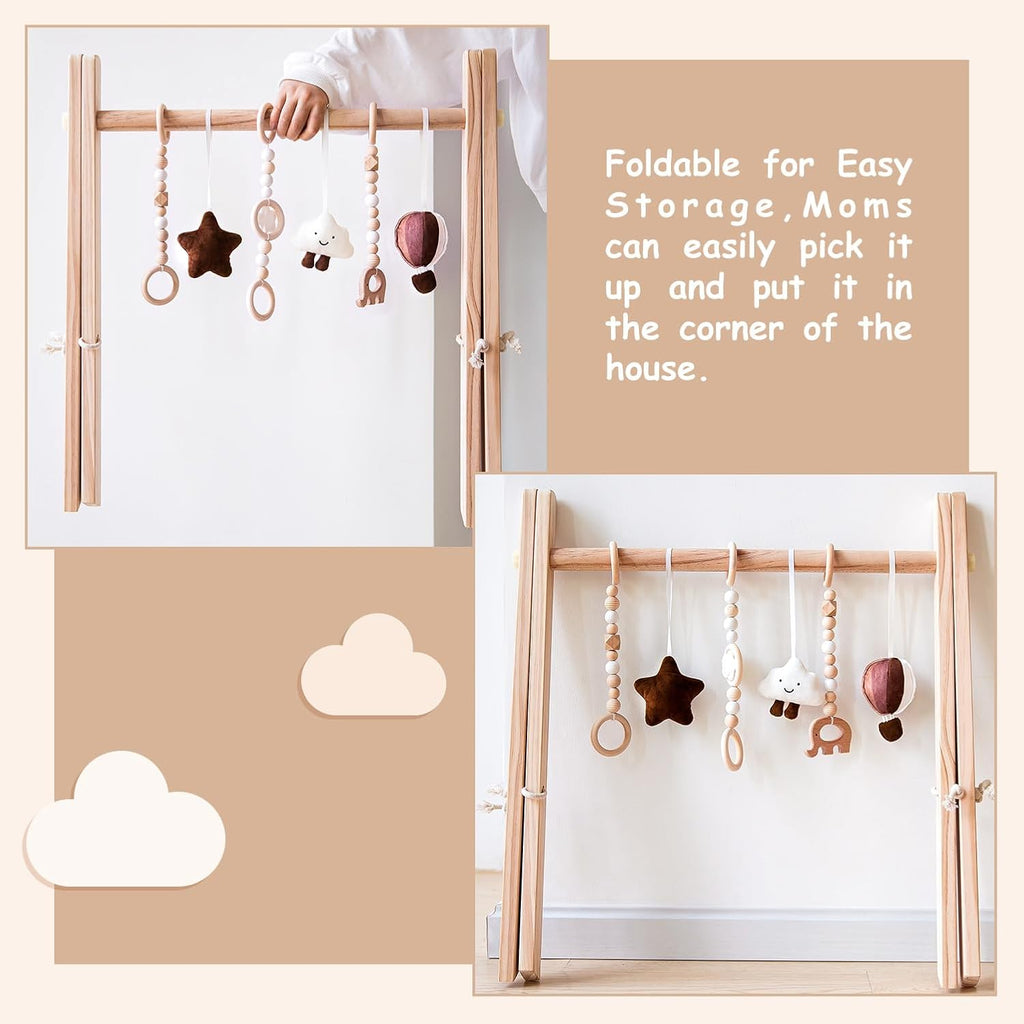 Wooden Baby Play Gym with Mat, Foldable Frame Activity Gym with 6 Gym Toys
