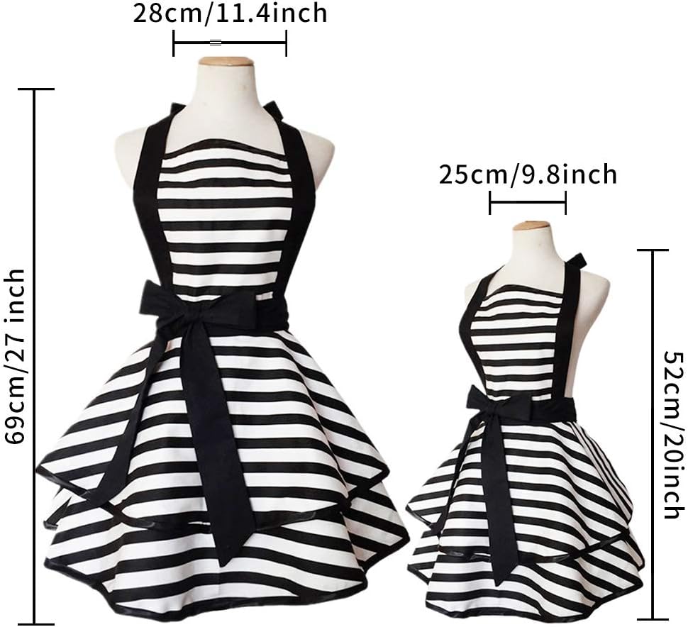 2 Pack Cute Vintage Matching Aprons for Women Girls Black Striped Retro French Maid Apron Adjustable Parent and Child