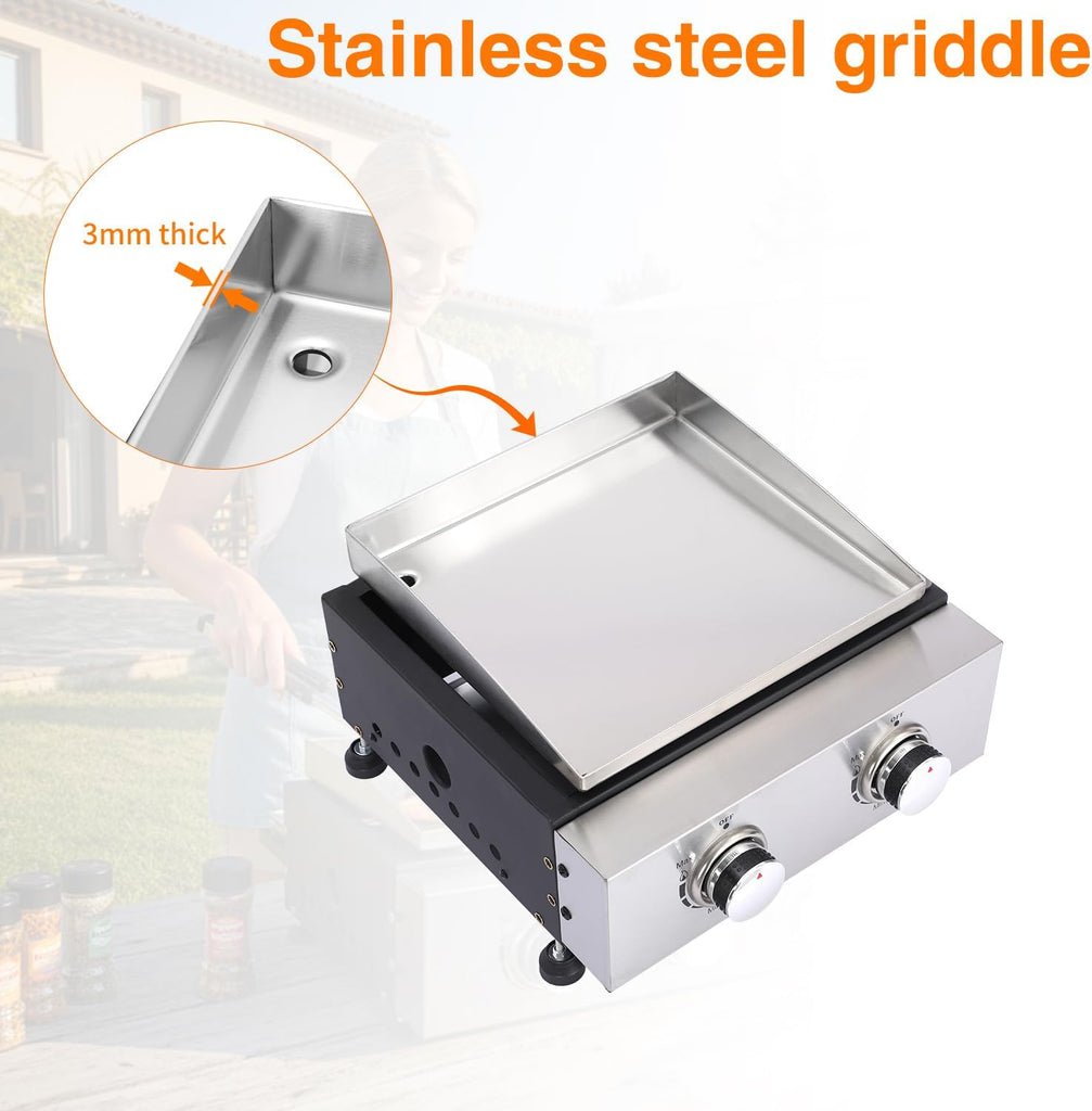 2-Burner Portable Tabletop Propane Gas Griddle, Stainless Steel Flat Top Grill with Regulator and Dust Cover for Camping and Tailgating