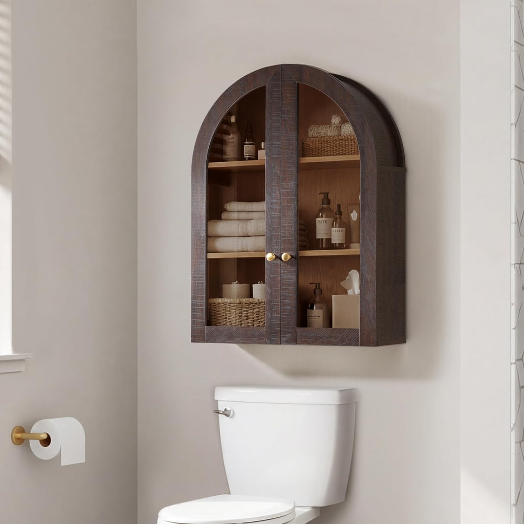 Bathroom Arched Wall Cabinet Medicine Cabinet, 23.5×31.4 Inch Bathroom Cabinet Wall Mount with Glass Doors &