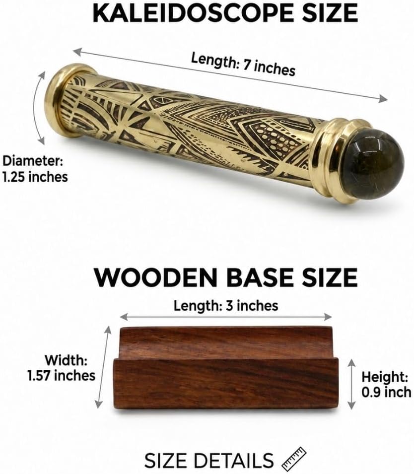 Brass Teleidoscope with Tribal Art Etched Barrel - Polished Lacquer-Coated, Front Surface Mirror, Crystal Ball Lens