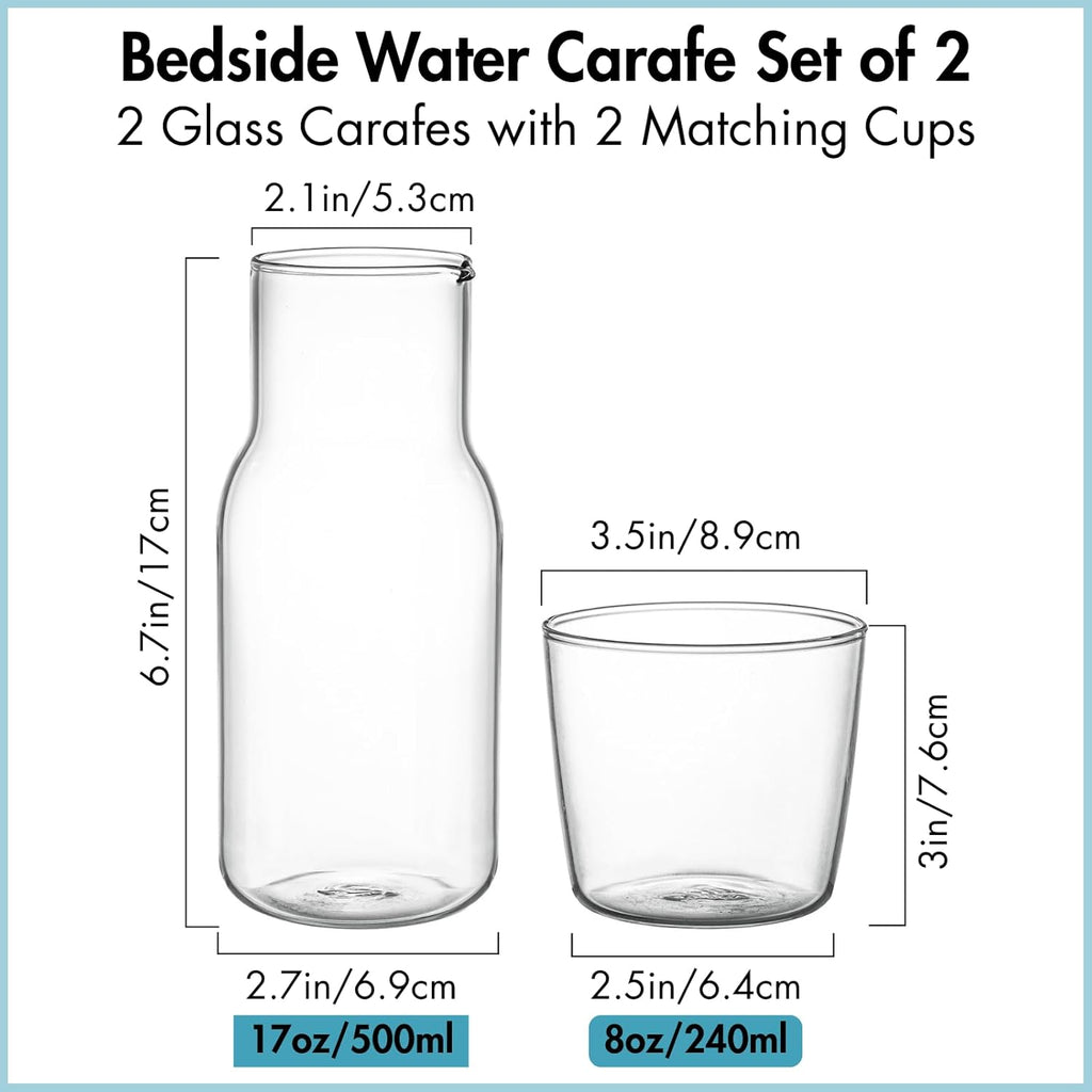 2 Sets 17 Oz Bedside Water Carafe and Glass Set, Nightstand Water Pitcher with Cup Lid, Juice & Mouthwash Bottle or