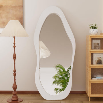 67"x 30" Irregular Wavy Full Length Mirror White Wooden Framed Full Body Mirror Hanging/Leaning Wall Mounted Mirrors