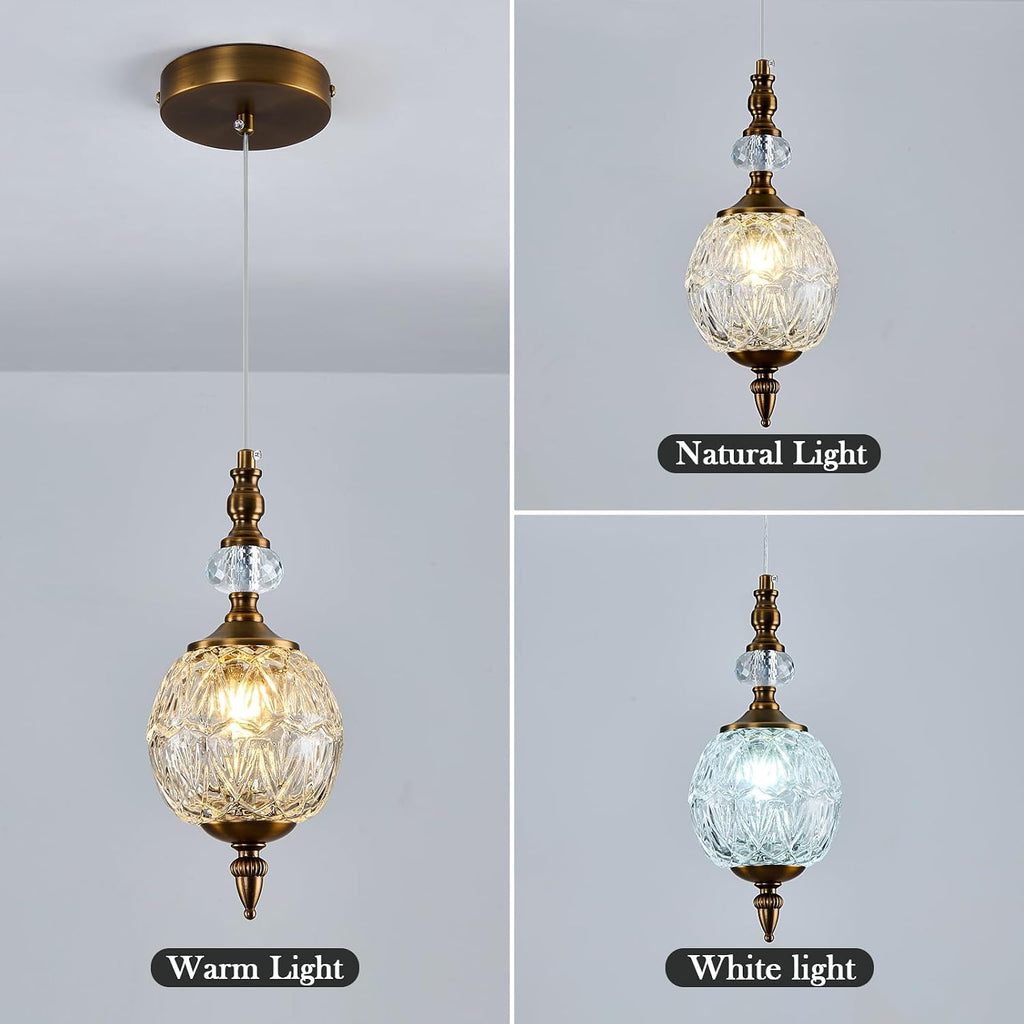 Vintage Glass Pendant Light Antique Brushed Gold Chandelier 4.72" Mini Adjustable Hanging Ceiling Light Fixture for Kitchen Island Farmhouse Dining Room Bedroom Foyer Entryway